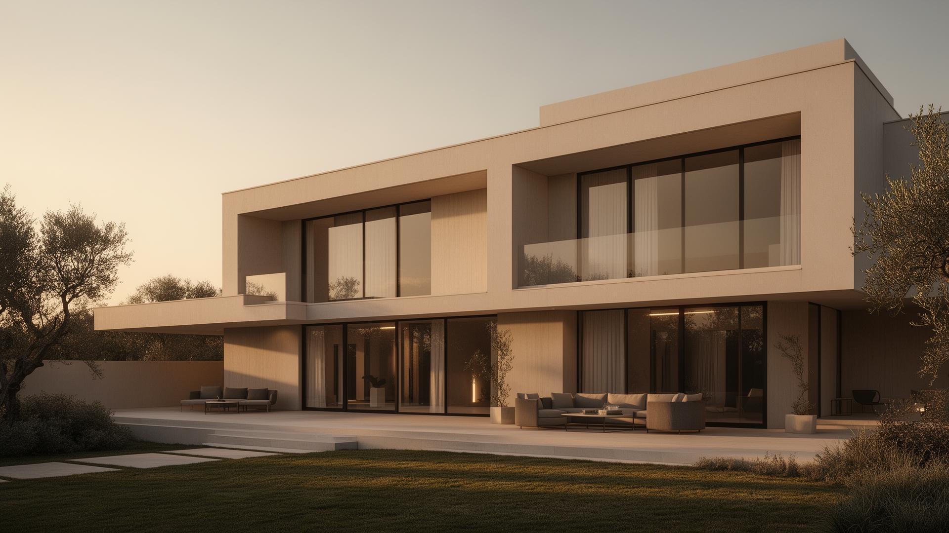 Hochwertige moderne Villa im Abendlicht
